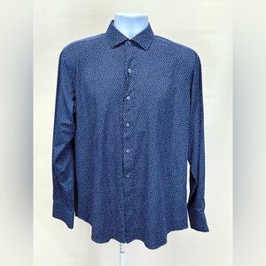 BUGATCHI Men’s Navy blue dot pattern contrast collar button down shirt size S.
